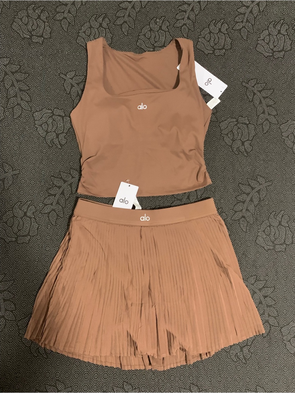 ALO Yoga Brown Pleated Skirt and Crop Tank Set
